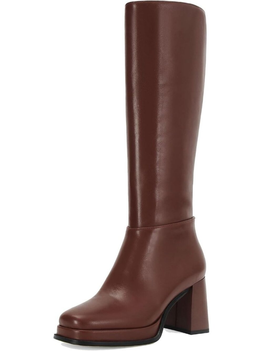 Women's Brown Comfortable Round Toe Low Block Chunky Heel Side Zipper Tall Boots